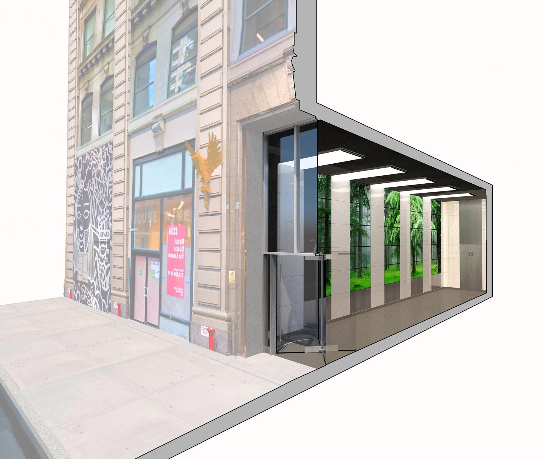 Soho Commercial Lobby NYC Architect Architecture Renovation Renovate Elevecture Glass Custom Digital Display Modular Light Panels Section Rendering
