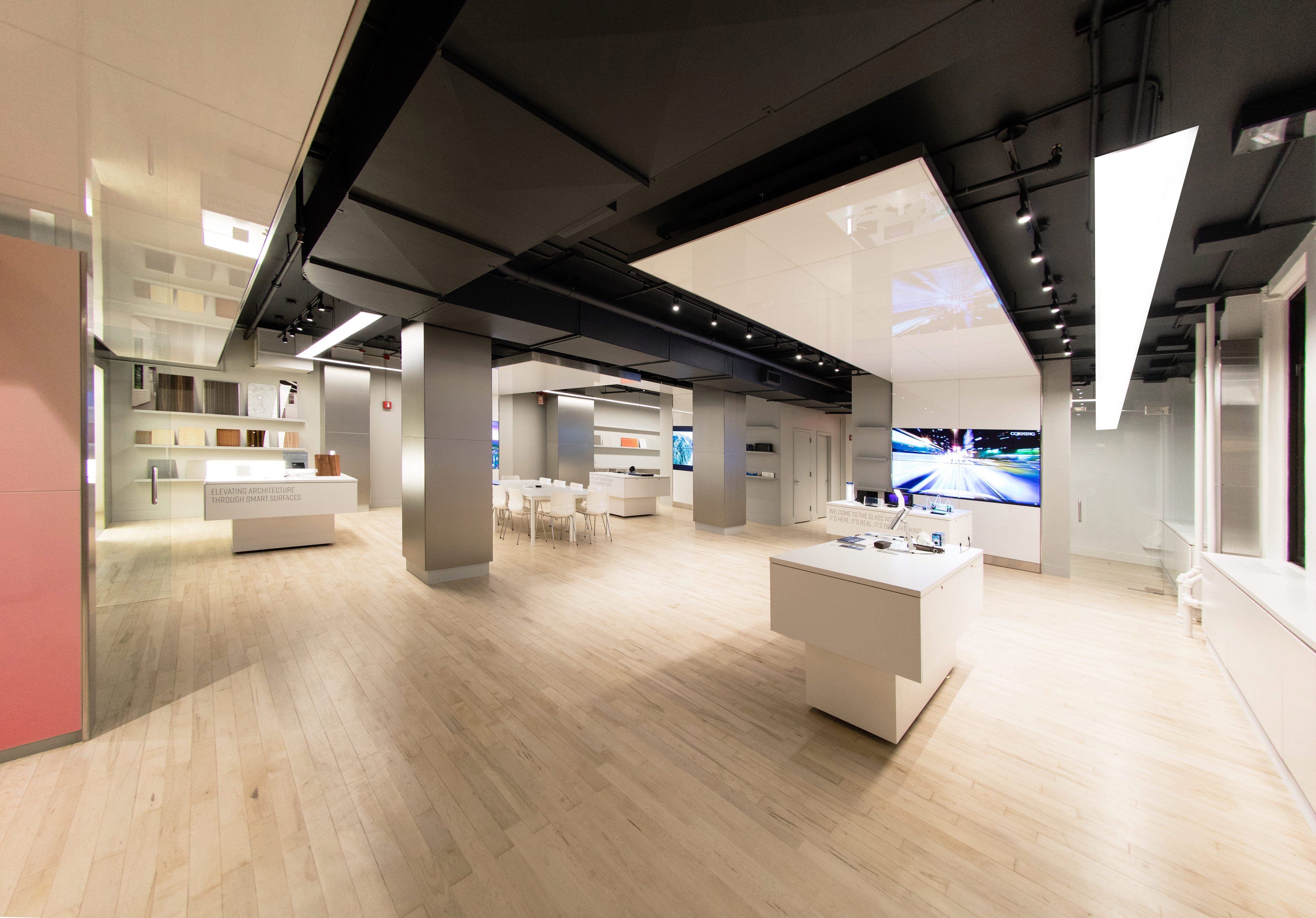 Commercial Showroom NYC Architect Architecture Renovation Renovate Elevecture Glass Custom Digital Display Modular Light Panels Display Integrated Lighting Branding