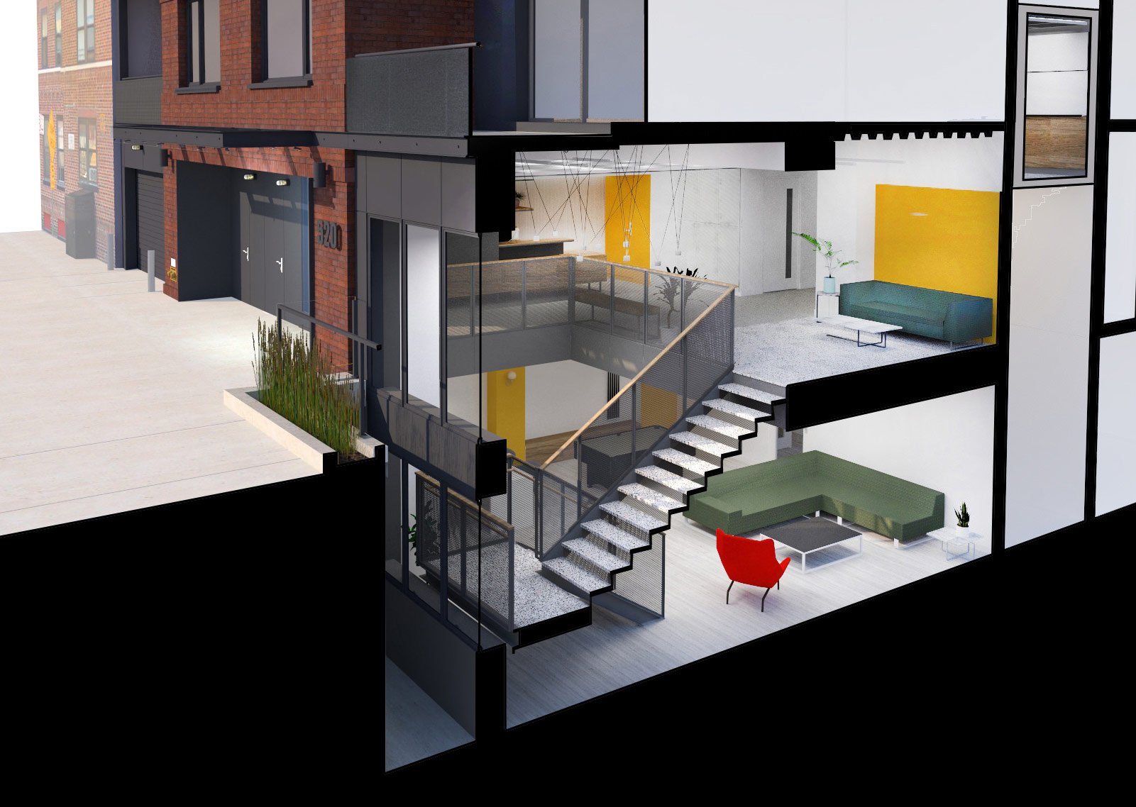 NYC Architect Architecture Residential Lobby Development  Modern Colorful Brooklyn Section Rendering