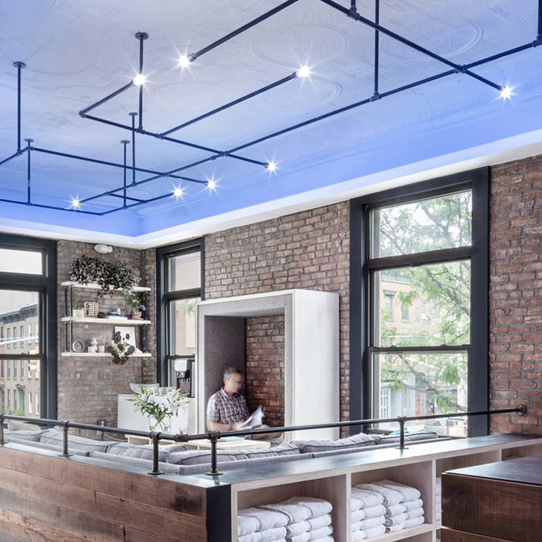 NYC Architect Architecture Modern Wellness Design Float Spa Commercial Renovate Renovation Flotation Therapy Exposed Brick Blue Light Tin Ceiling Reclaimed Timber