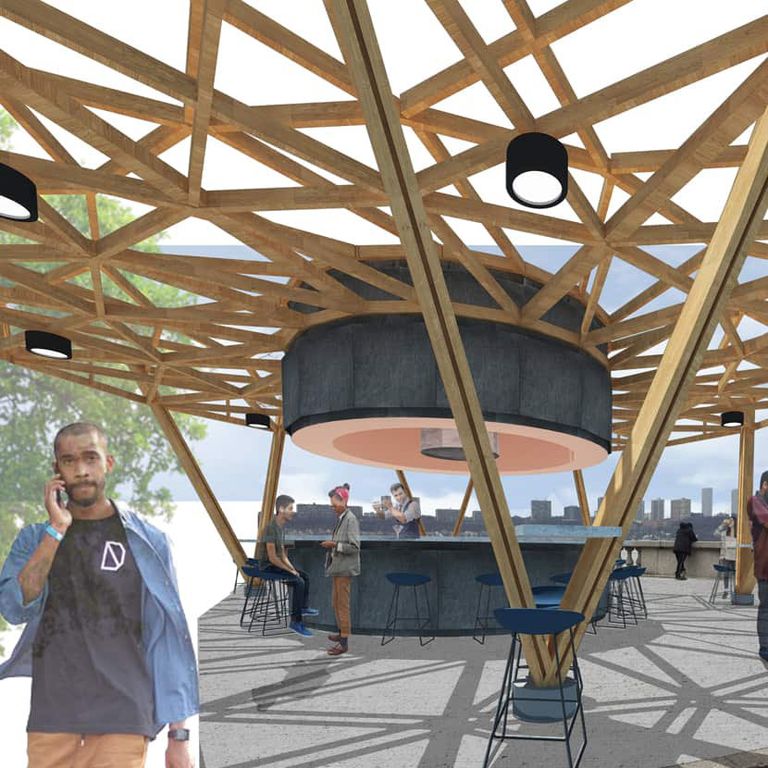 NYC Upper West Side Riverside Outdoor Kiosk Bar Architect Architecture Open-Air Restaurant Timber Shade Structure Rendering