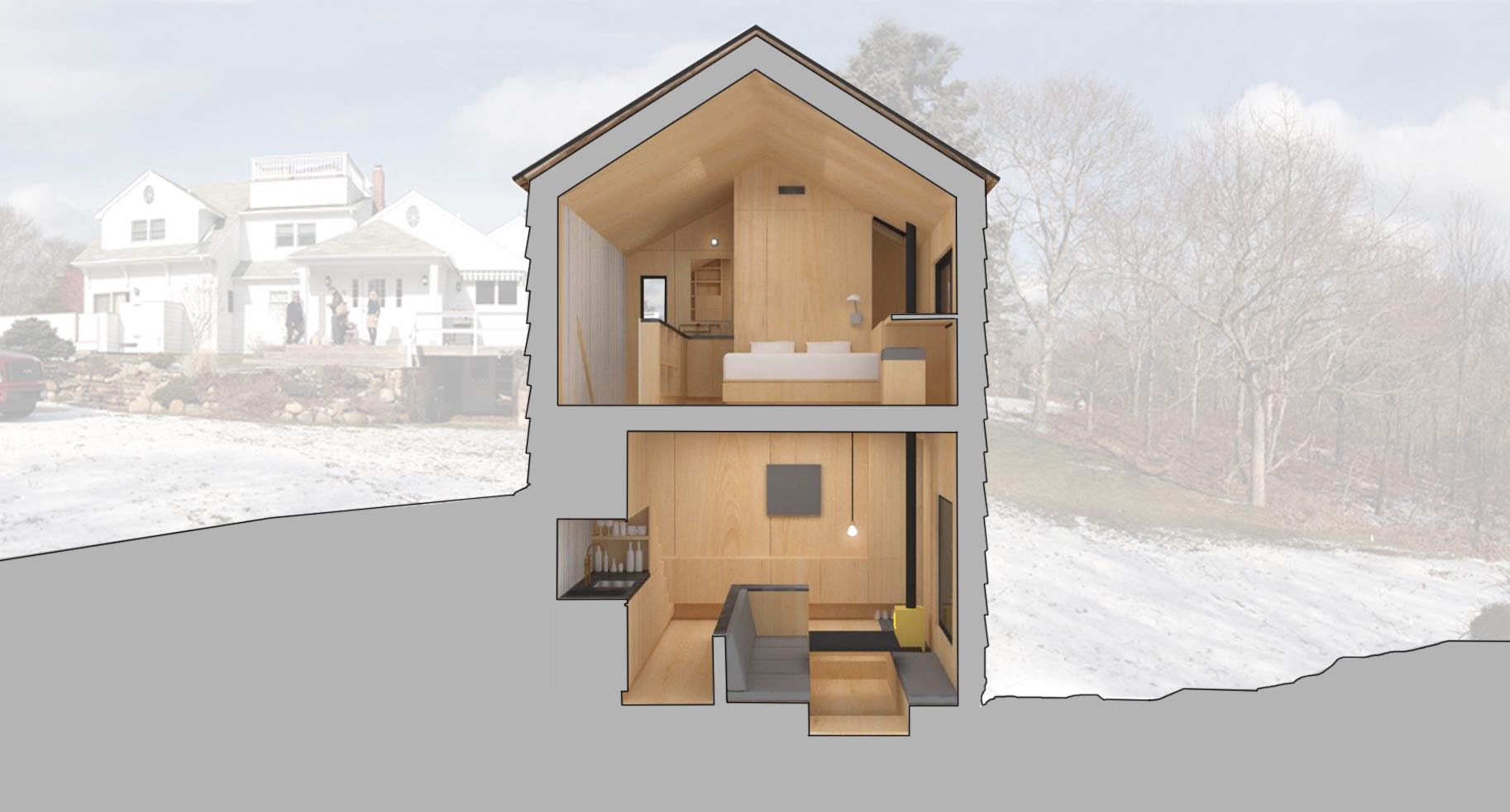 New York Architect Architecture Build Mini Cabin Tiny House Guest Vacation Home Reclaimed Materials Small Houses Natural Nature Retreat Rendering Double-Height