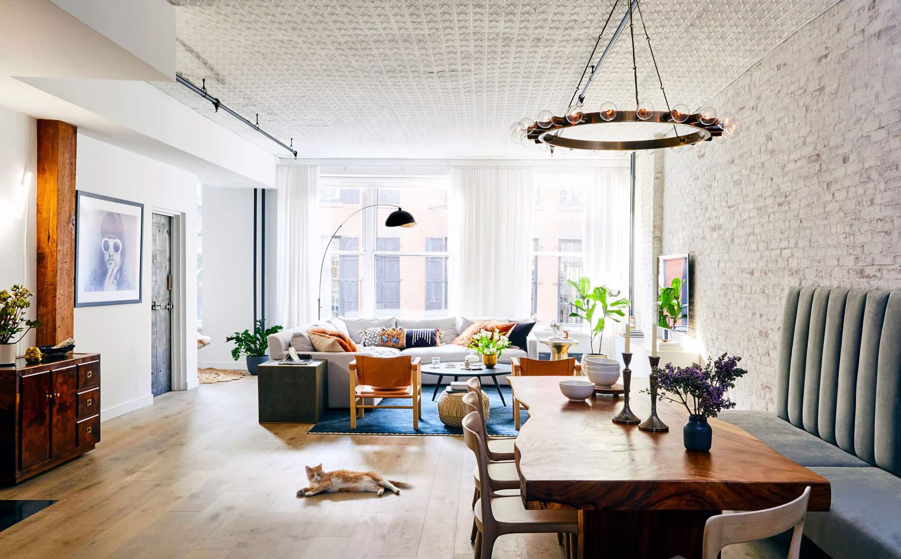 Soho NYC Loft Architect Architecture Gut Renovation Renovate Living Room Exposed Tin Ceiling Brick