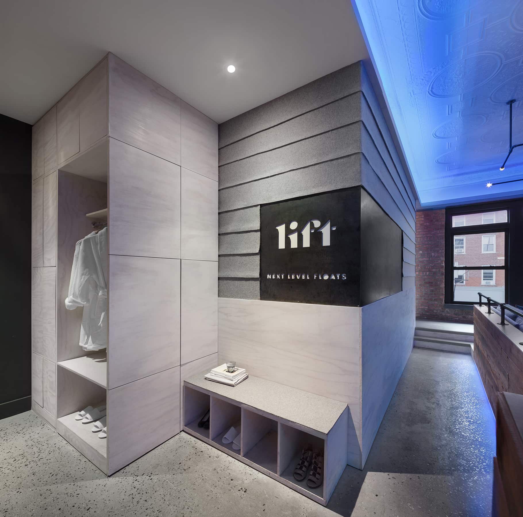 NYC Architect Architecture Modern Wellness Design Float Spa Commercial Renovate Renovation Flotation Therapy Exposed Brick Blue Light Tin Ceiling Reclaimed Timber Branding