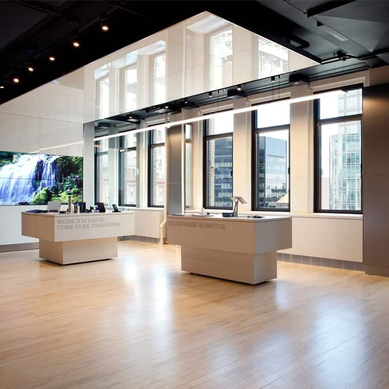 Commercial Showroom NYC Architect Architecture Renovation Renovate Elevecture Glass Custom Digital Display Modular Light Panels